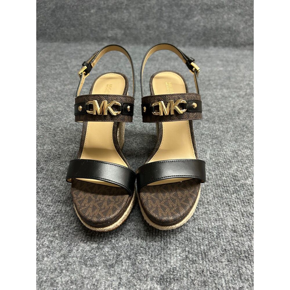 Michael Kors Women's Brown Signature Logo Espadrille Wedge Sandals Black Gold 8M